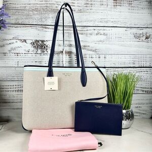 Kate Spade Shoulder Large Tote Bag Navy Cream Tote with wristlet‎ Canvas Leather